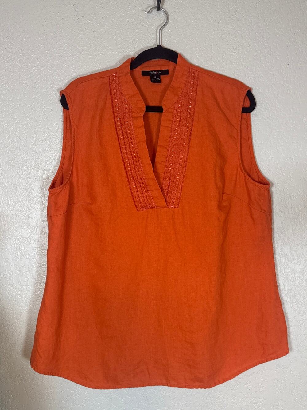 Vintage Embroidered Beaded Linen Sleeveless Top Size 18 Tangerine Orange V Neck